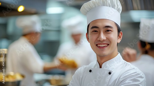 Smiling Chef Wearing a White Toque in a Kitchen