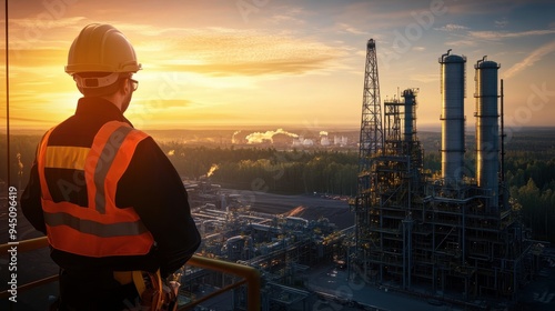 Industrial worker on construction site at sunset, panoramic landscape view