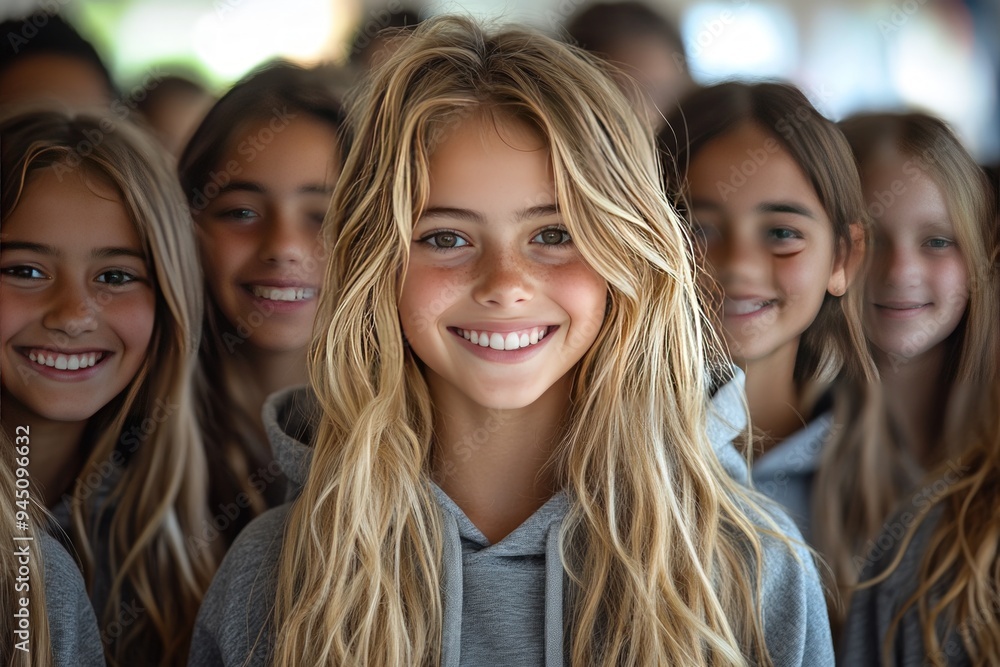 A group of smiling girls in a row, showcasing their happiness and friendship. A group of smiling girls in a row, showcasing their happiness and friendship.