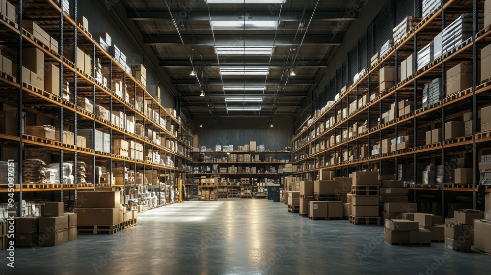 A large warehouse with many boxes on the shelves A large warehouse with many boxes on the shelves