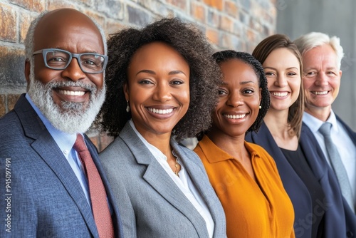 Group of successful and diverse professionals standing together in front of a brick wall showcasing unity confidence and a strong team spirit in a corporate setting