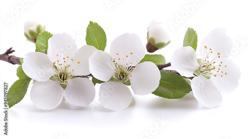 Delicate white flowers with fresh green leaves, perfect for spring themes and floral arrangements.