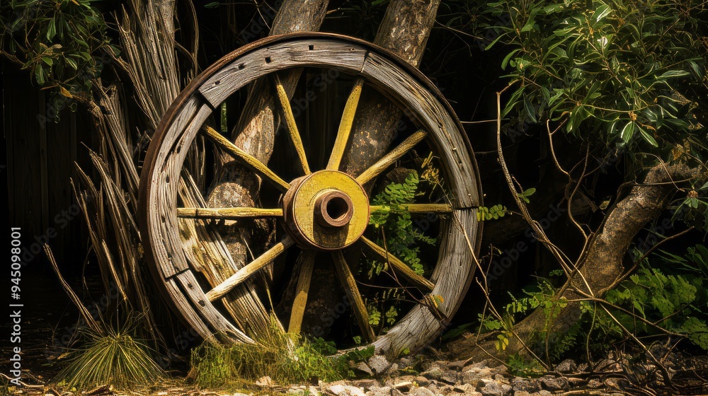 An old wooden wagon wheel leaning up in outdoor area. Neural network ai generated art An old wooden wagon wheel leaning up in outdoor area. Neural network ai generated art