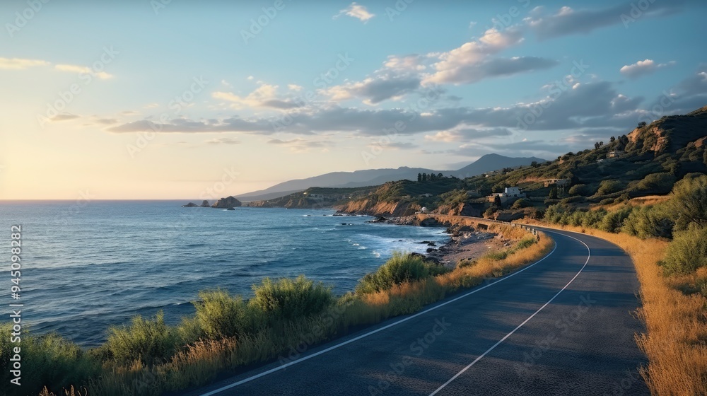 Roadside scenery during a vibrant dusk. sea view from a highway. Roadside scenery during a vibrant dusk. sea view from a highway.
