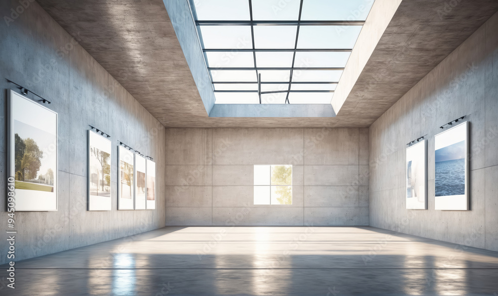 A modern art gallery with white walls and a concrete floor. The gallery has a large skylight and a small window, letting in natural light A modern art gallery with white walls and a concrete floor. The gallery has a large skylight and a small window, letting in natural light