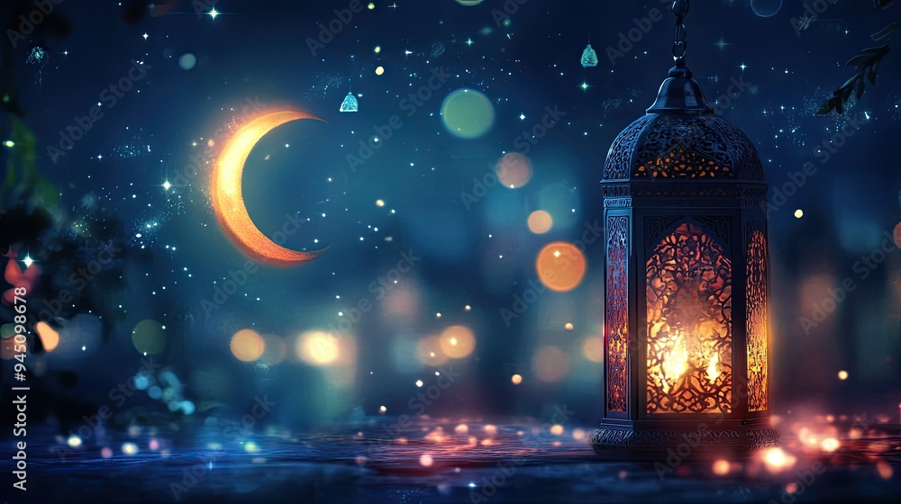 A Traditional Lantern Under The Crescent Moon A Traditional Lantern Under The Crescent Moon