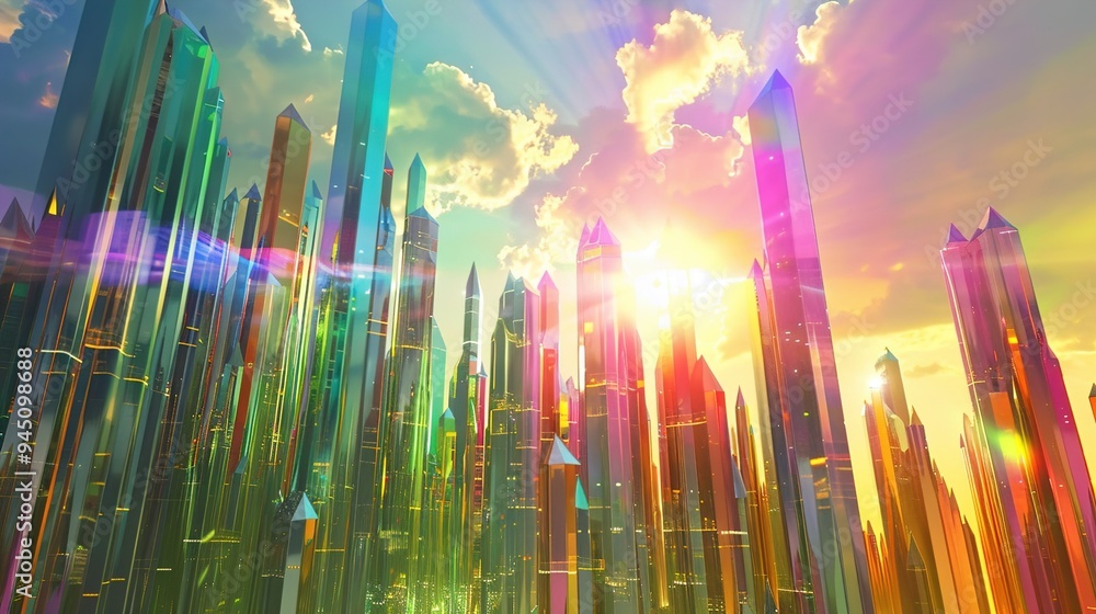 A surreal cityscape where buildings are made of crystal and light, refracting rainbow colors across the skyline in a dazzling display.