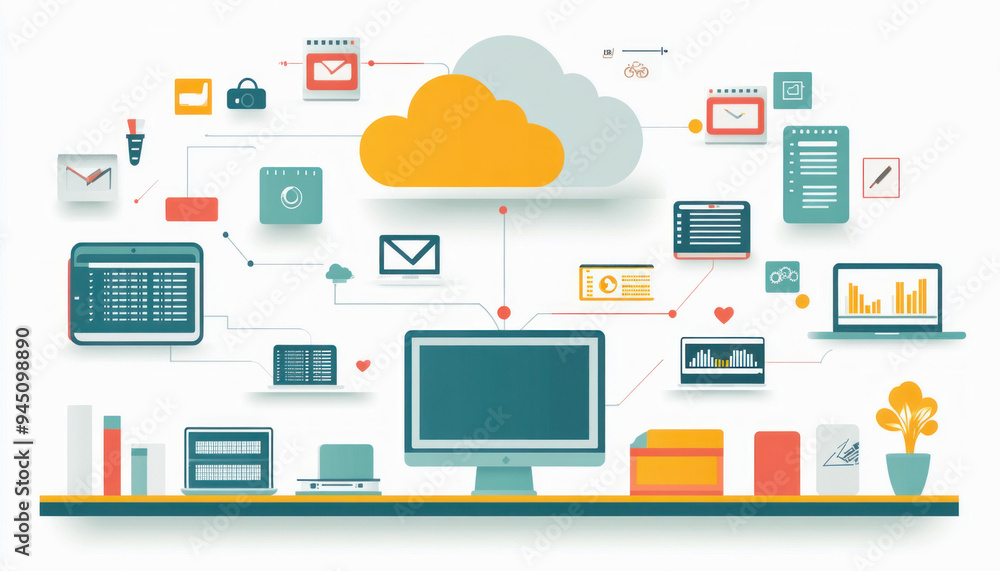 Cloud computing connecting devices and data on modern workplace desk Cloud computing connecting devices and data on modern workplace desk