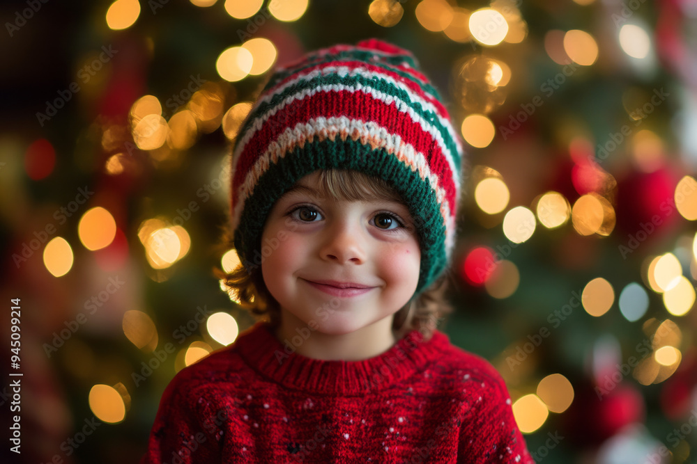 Adorable child in a winter hat closeup of face Christmas card style with snow and festive bokeh lights background with copy space.nostalgic childhood children kids holiday magic of Christmas Adorable child in a winter hat closeup of face Christmas card style with snow and festive bokeh lights background with copy space.nostalgic childhood children kids holiday magic of Christmas