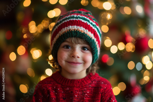 Adorable child in a winter hat closeup of face Christmas card style with snow and festive bokeh lights background with copy space.nostalgic childhood children kids holiday magic of Christmas