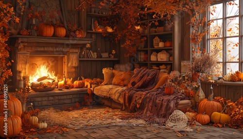 Autumn scene of a cozy living room with pumpkins and autumn leaves