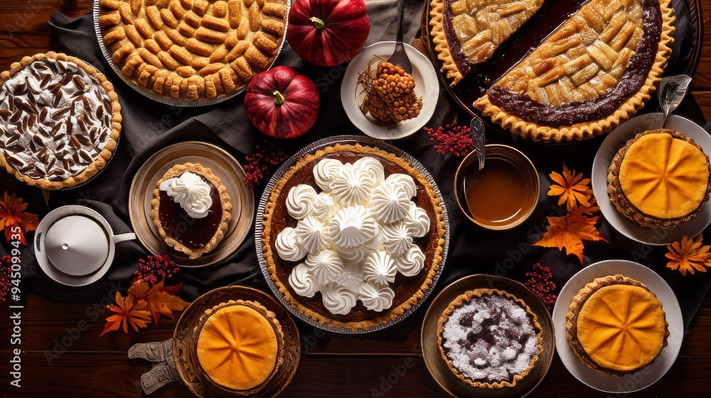 Thanksgiving pumpkin and apple various pies, top view, copy space. Neural network ai generated art Thanksgiving pumpkin and apple various pies, top view, copy space. Neural network ai generated art