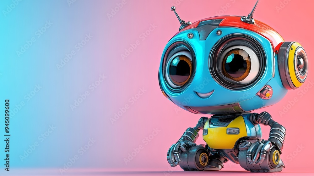 Cute Robot Character with Big Eyes Sitting on Pink Background Cute Robot Character with Big Eyes Sitting on Pink Background