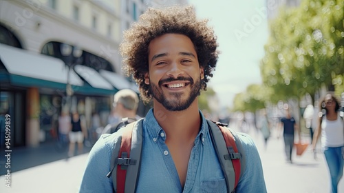 Smiling man staring at camera outside while strolling down a city street - Male tourist enjoying summer vacation - Focus on eye