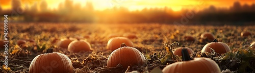 A serene pumpkin field at sunset, showcasing autumn's vibrant colors and harvest season.