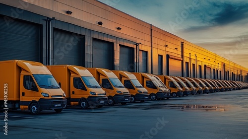 fleet of delivery vehicles lined up outside a warehouse, ready for dispatch