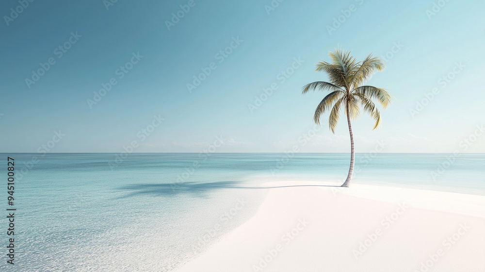 Tranquil tropical beach with a lone palm tree, white sand, and crystal-clear turquoise water under a bright blue sky Tranquil tropical beach with a lone palm tree, white sand, and crystal-clear turquoise water under a bright blue sky
