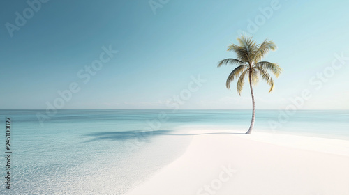 Tranquil tropical beach with a lone palm tree, white sand, and crystal-clear turquoise water under a bright blue sky