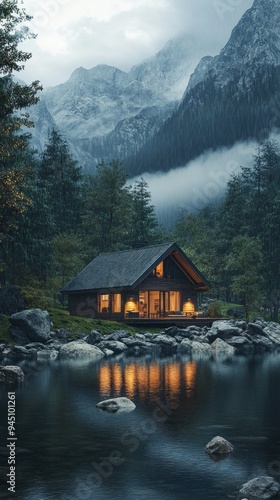 A cabin is surrounded by a lake and mountains