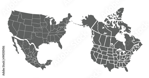 United States and Mexico political map of administrative divisions.set of maps.Silhouette map