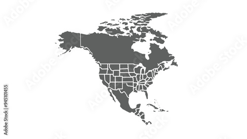Map of North America with isolated countries.United States, Canada ,Mexico.