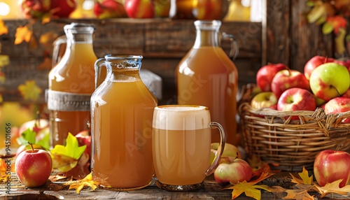 Freshly harvested apples and apple juice.