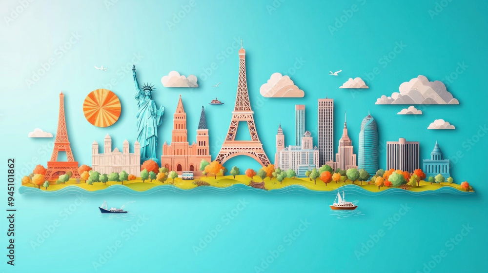 Fototapeta premium World famous landmarks forming cityscape on blue background