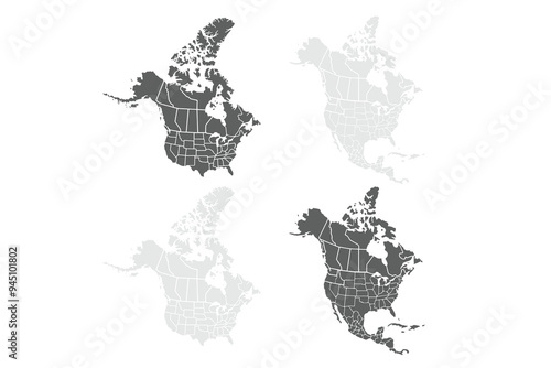 Map of North America with isolated countries.United States, Canada ,Mexico.