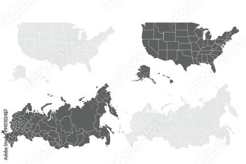 Grey Map of the United States and Russia with simple, clear outlines, perfect for both print and digital use.set of maps.