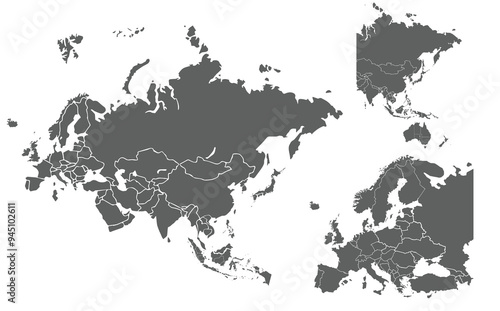 Grayscale Eurasian continent with a modern touch, emphasizing clear geographical boundaries.set of maps.