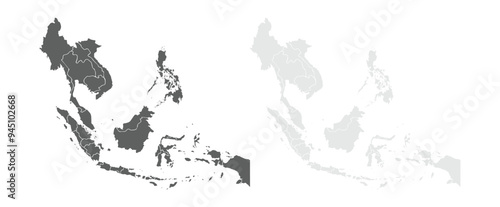 Grey Southeast Asia map highlighting continents with a clean, uncluttered design. set of maps.