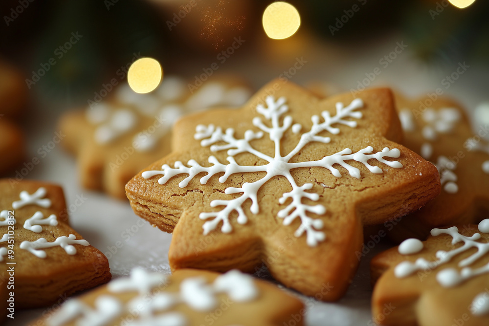 close up of a snowflake cookie with white icing. The cookie is surrounded by other cookies, creating a festive atmosphere close up of a snowflake cookie with white icing. The cookie is surrounded by other cookies, creating a festive atmosphere