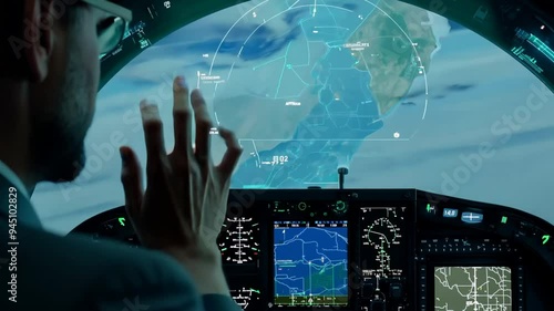 A pilot expertly maneuvers a flight simulator, engaging with a detailed landscape map and advanced cockpit instruments during dusk