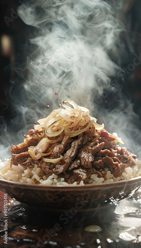 Delicious beef gyudon with an onion slice, freshly cooked.
