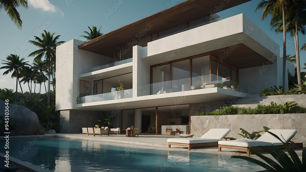 Fototapeta premium A luxury beach house with a swimming pool