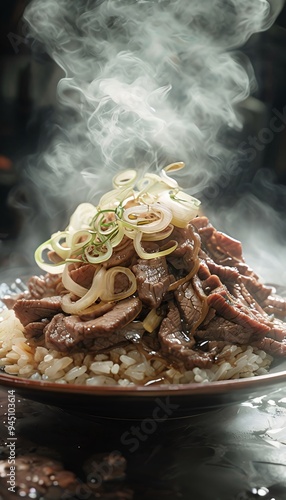 Freshly cooked gyudon with onion slice toppings.