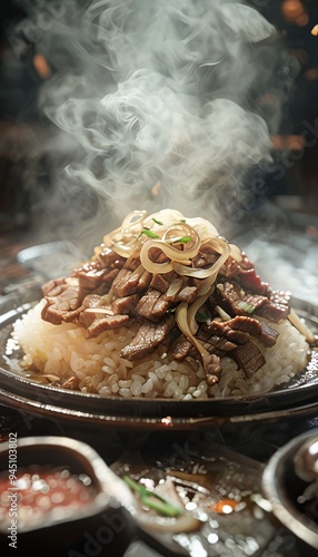 Freshly served Gyudon with onion.