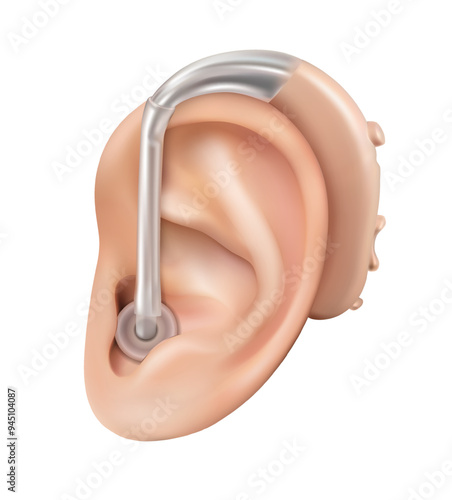 3d realistic vector icon illustration. Human ear with hearing device. 