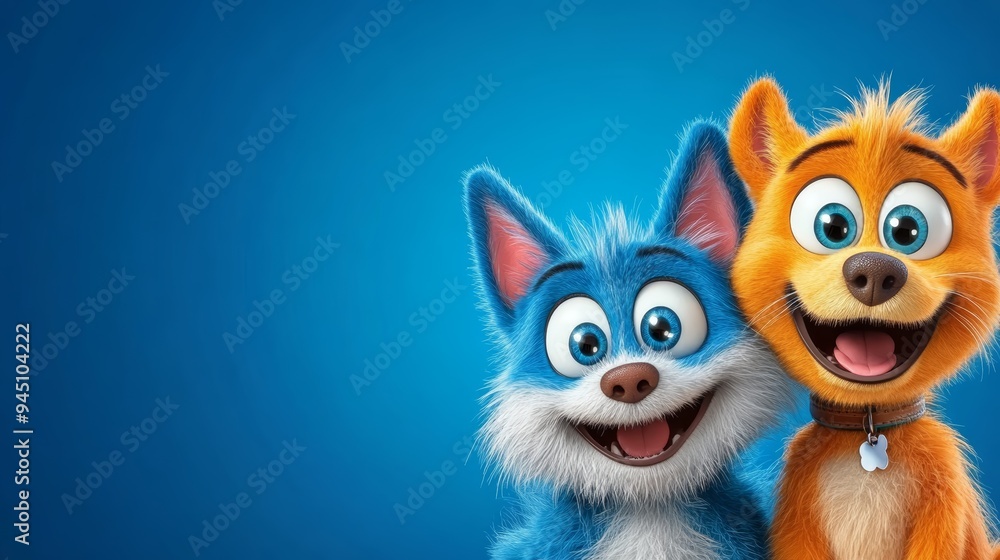 Obraz premium Cute Cartoon Dogs with Blue and Orange Fur on a Blue Background