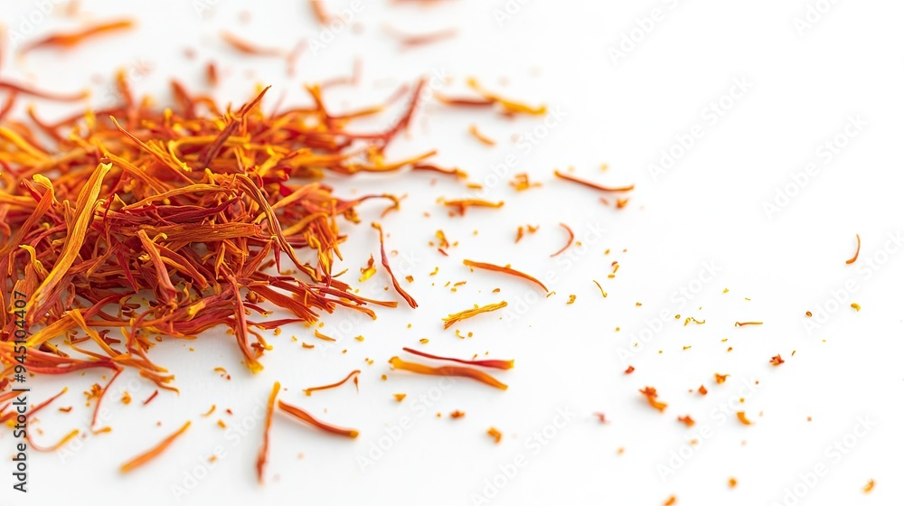 Close-up of Saffron Threads Scattered on a White Surface