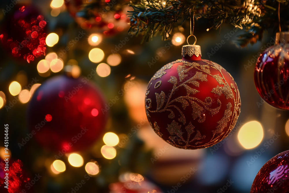 bunch of Christmas ornaments hanging from a tree. The ornaments are of different sizes and colors, including white, red, and gold. The scene conveys a festive and joyful mood bunch of Christmas ornaments hanging from a tree. The ornaments are of different sizes and colors, including white, red, and gold. The scene conveys a festive and joyful mood