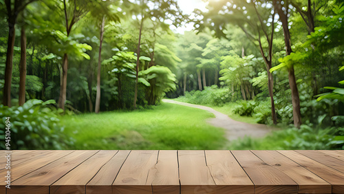 Empty wood table top with blur background of nature lush green forest. The table giving copy space for placing advertising product on the table along with beautiful green forest nature background. photo