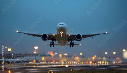 Airplane departure from the ground, flying up in the air on an airport during the evening or night, front view photography. Commercial aircraft flight transport, takeoff or landing