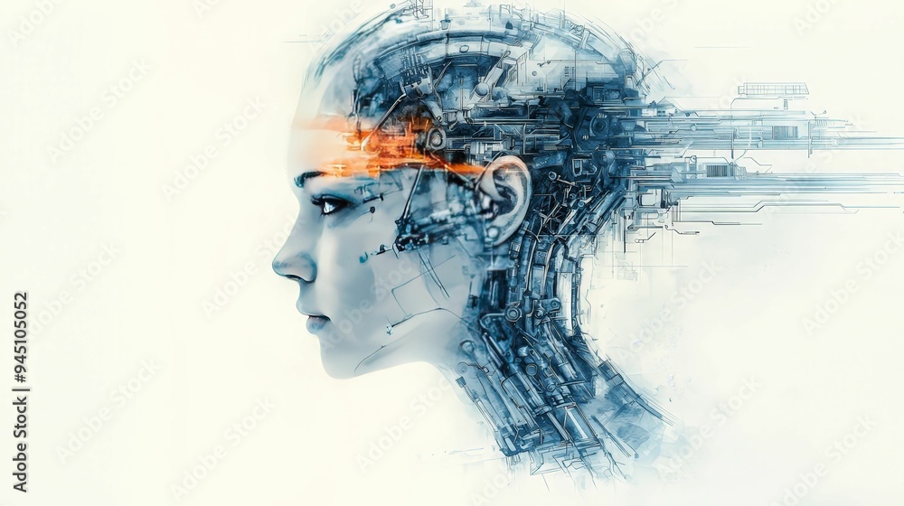 A futuristic depiction of a human-machine hybrid, showing a side profile with integrated mechanical components and a glowing neural network in the head, symbolizing advanced AI technology A futuristic depiction of a human-machine hybrid, showing a side profile with integrated mechanical components and a glowing neural network in the head, symbolizing advanced AI technology