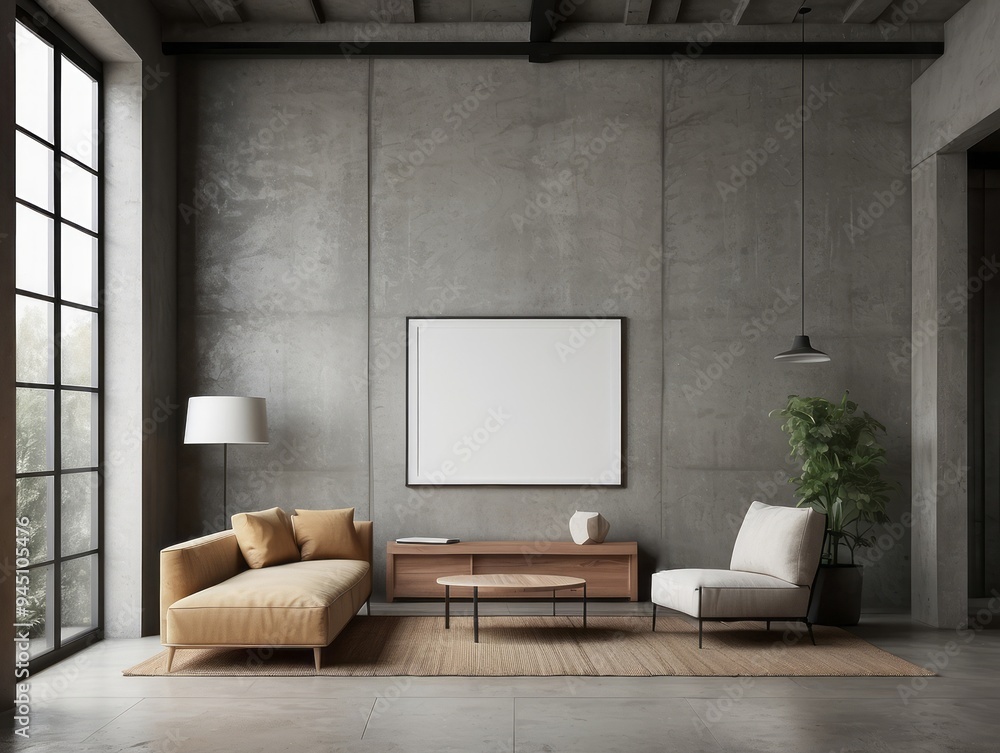 Fototapeta premium Modern Minimalist Living Room with Concrete Wall and Large Window