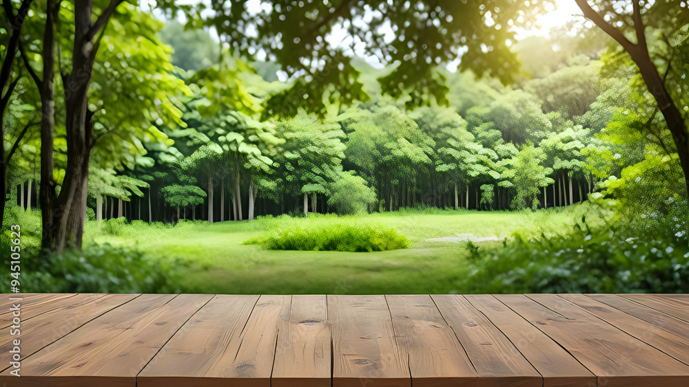 Empty wood table top with blur background of nature lush green forest. The table giving copy space for placing advertising product on the table along with beautiful green forest nature background. Empty wood table top with blur background of nature lush green forest. The table giving copy space for placing advertising product on the table along with beautiful green forest nature background.