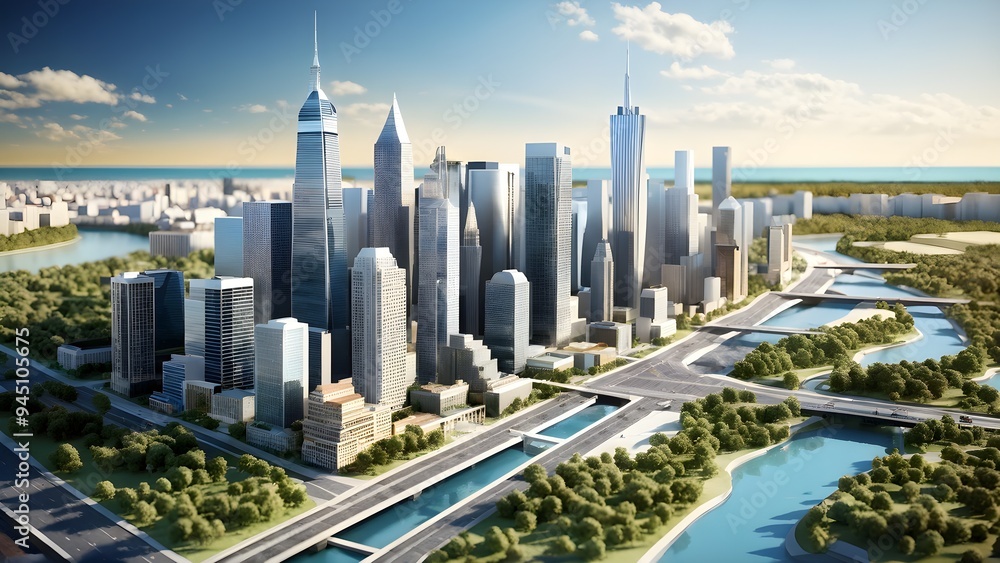 Three dimensional render of a model of a city Three dimensional render of a model of a city
