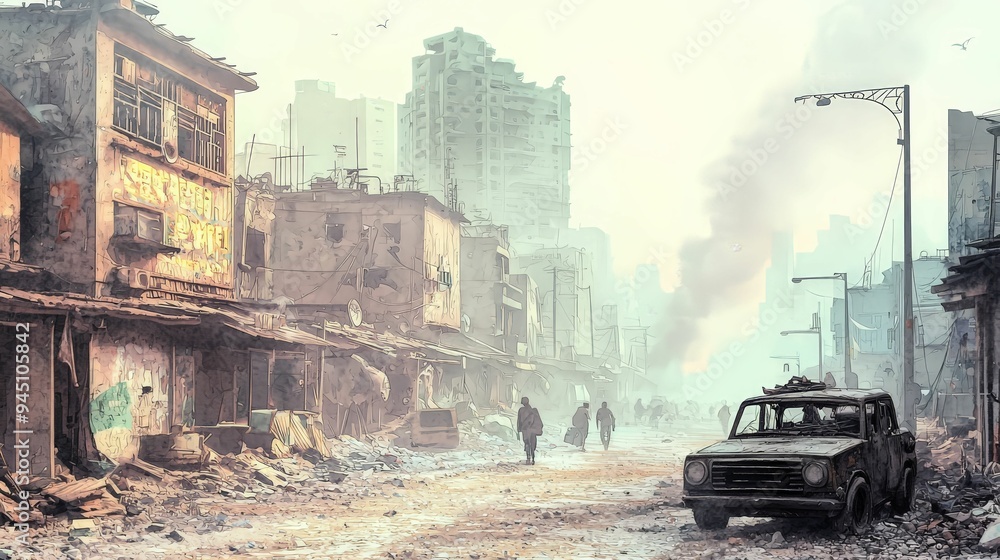 Watercolor illustration of a decaying urban street lined with abandoned buildings and a derelict car under a smog-filled sky. The scene captures the gritty atmosphere of a neglected area, with crumbli Watercolor illustration of a decaying urban street lined with abandoned buildings and a derelict car under a smog-filled sky. The scene captures the gritty atmosphere of a neglected area, with crumbli