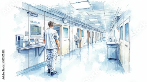 A nurse walks down a clean and modern hospital corridor, surrounded by advanced medical equipment. The watercolor illustration captures the sterile and organized environment, with detailed attention t