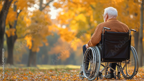 Elderly man enjoying autumn colors in a wheelchair